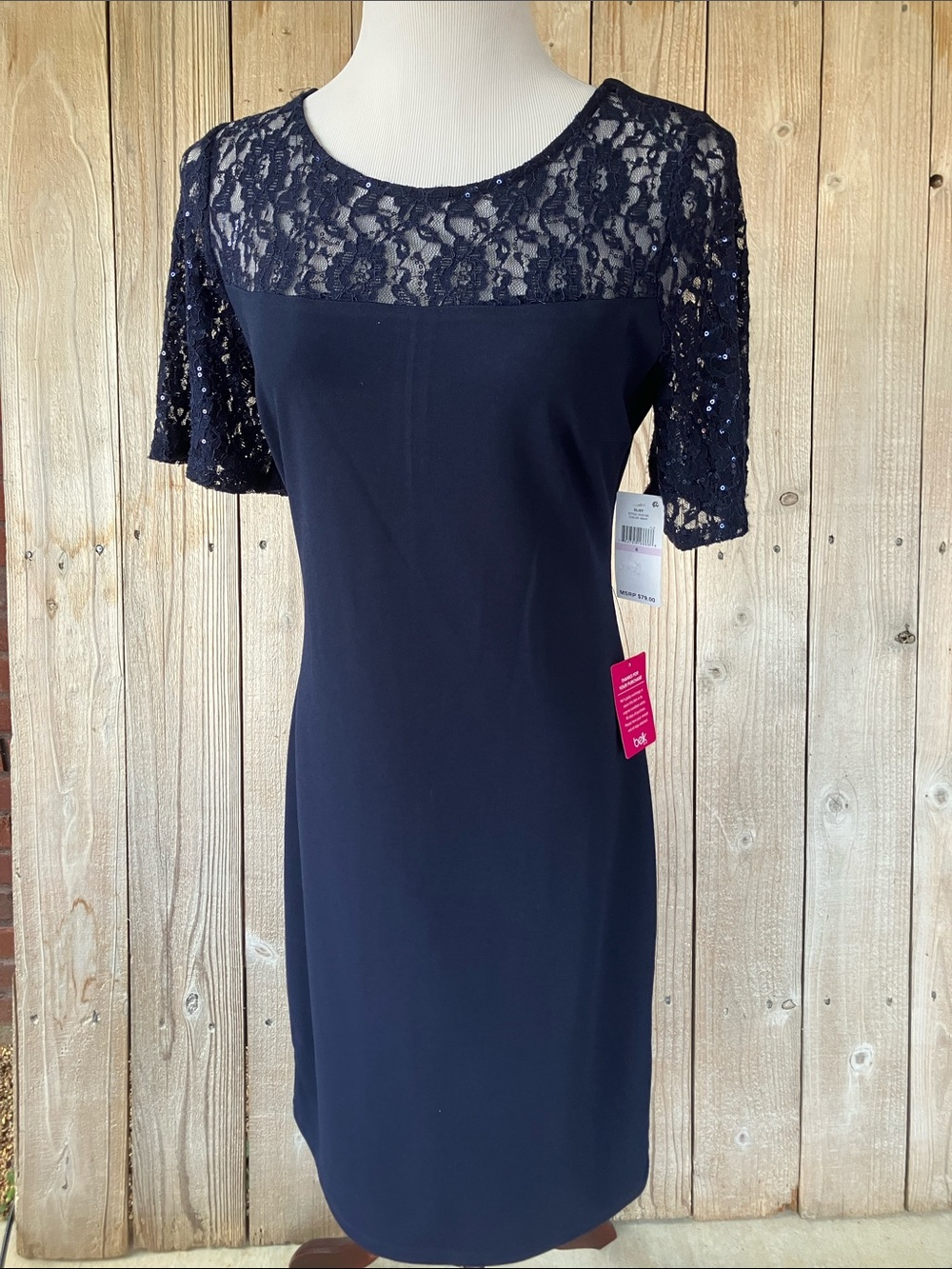 SLNY Navy Lace Yoke Midi Dress
